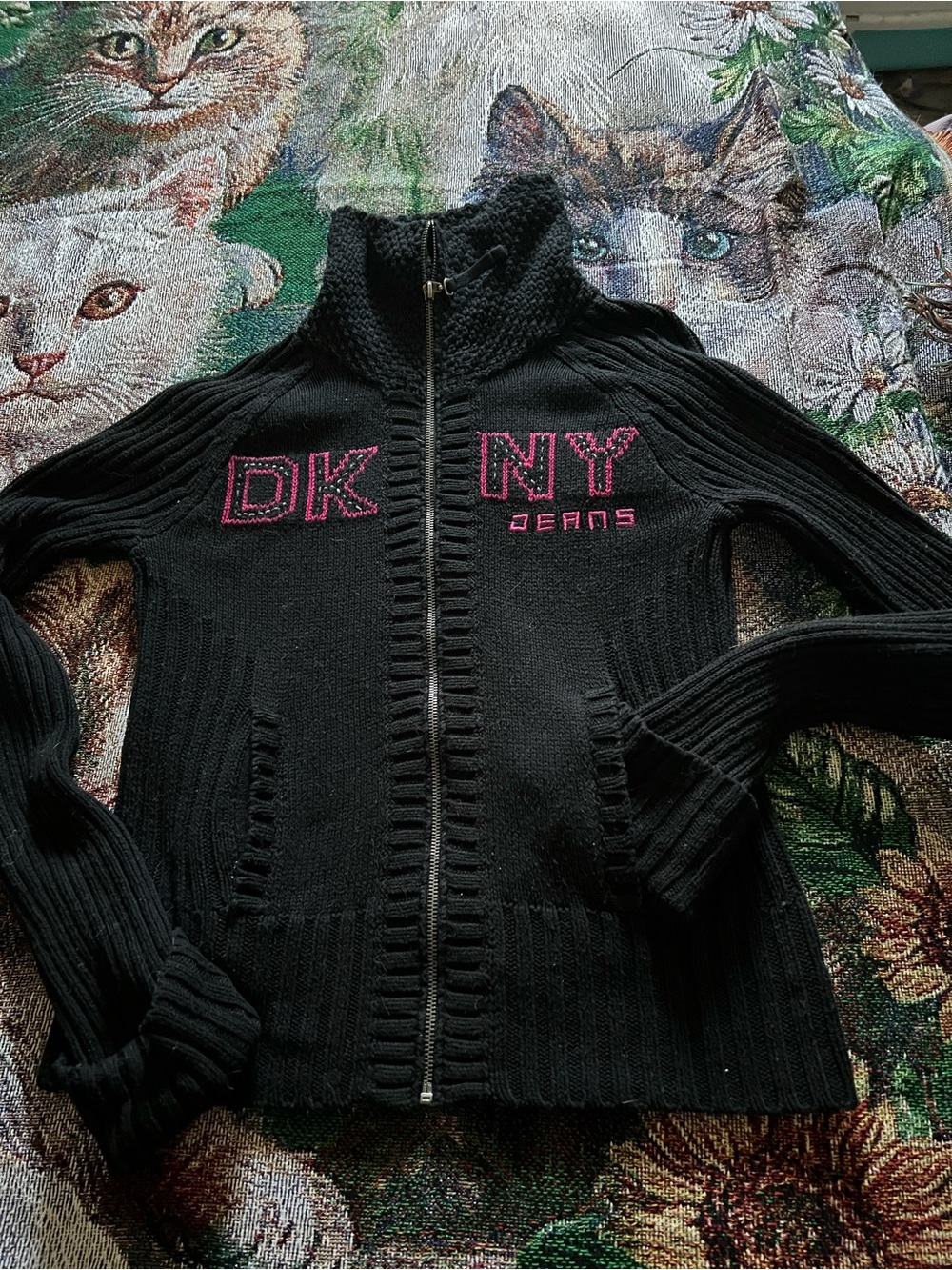 DKNY Black Zip Front Sweater with Pink Logo